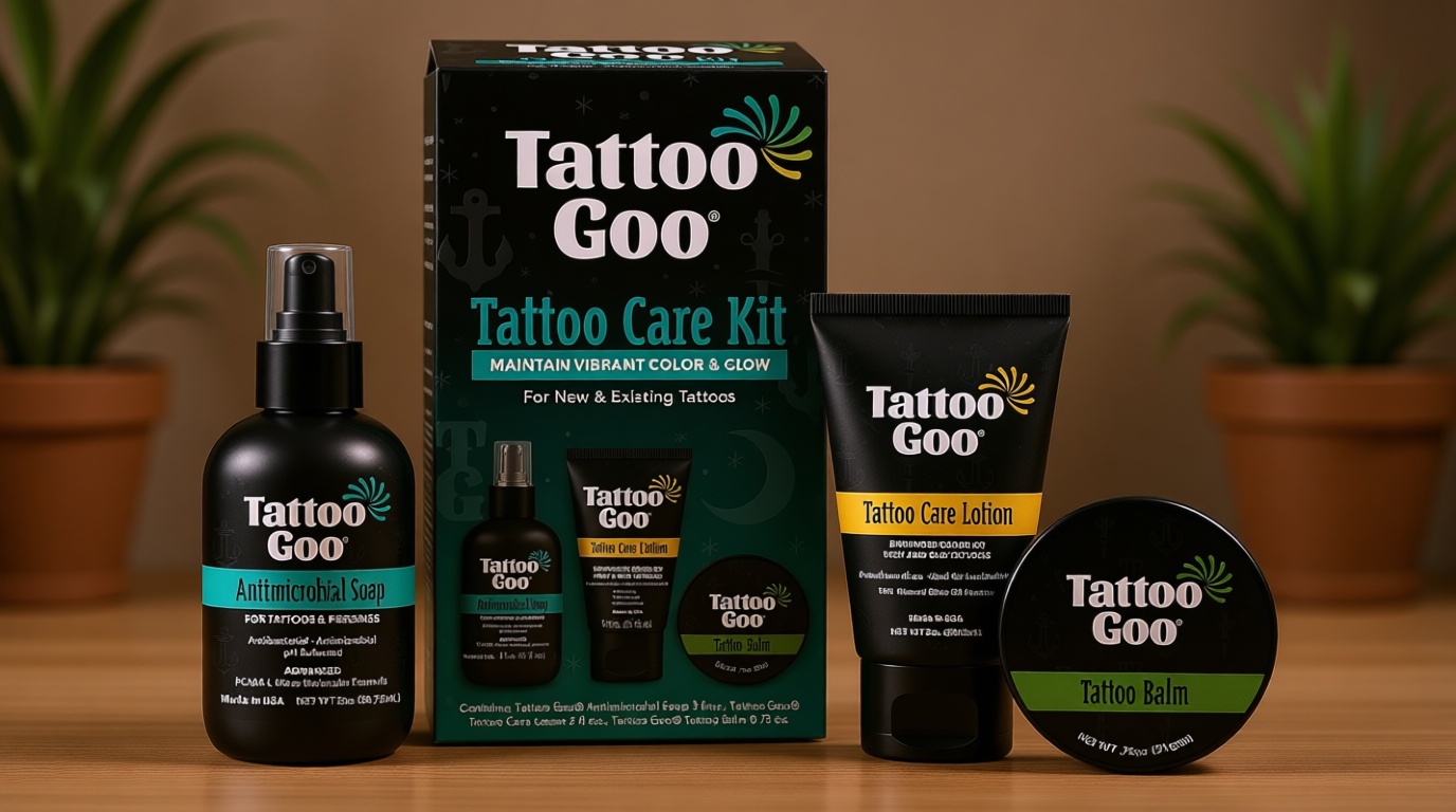 Tattoo Goo Aftercare Kit Includes Antimicrobial Soap, Balm, and Lotion, Tattoo Care for Color Enhancement + Quick Healing - Cruelty-Free, Petroleum-Free, Tattoo Artist Gifts (3 Piece Set)