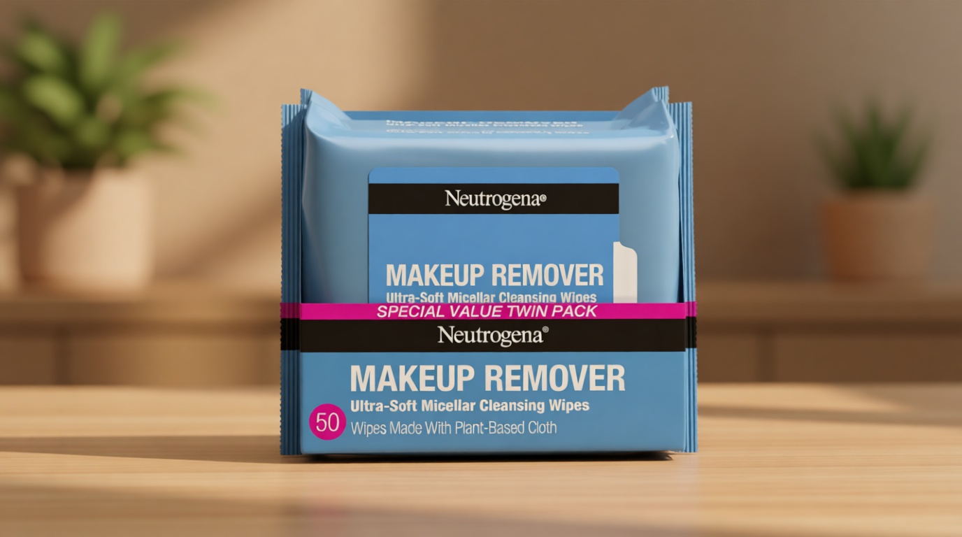 Neutrogena Makeup Remover Wipes Micellar Alcohol-Free Face Towelettes Remove Waterproof Mascara & Oil, Compostable 100% Plant-Based Cloth, Dermatologist & Ophthalmologist Tested, Twin Pack 2 x 25 ct