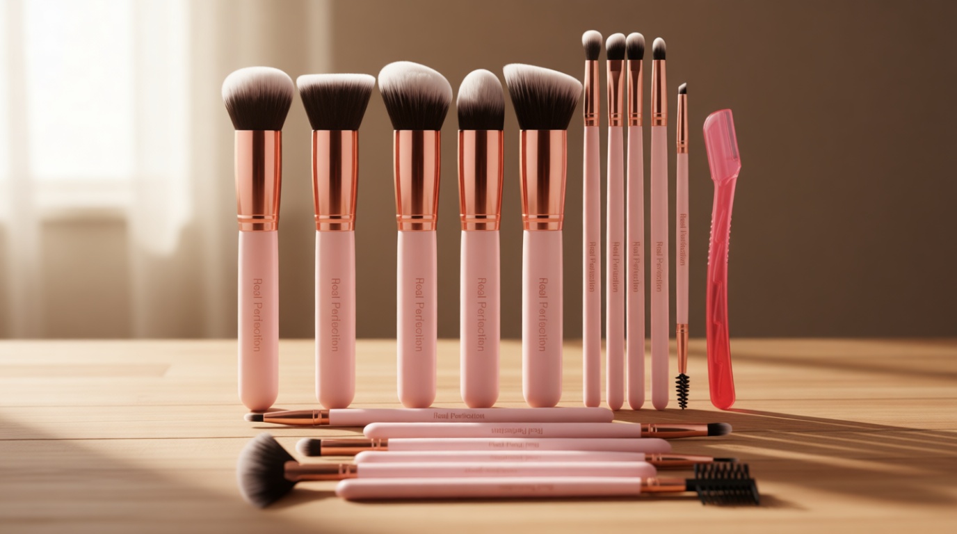 Real Perfection Makeup Brush Set 16 Pcs with 1 Eyebrow Razor Premium Synthetic Foundation Powder Concealers Eyeshadow Blush Makeup Brushes Make up Brushes Kit (Pink)