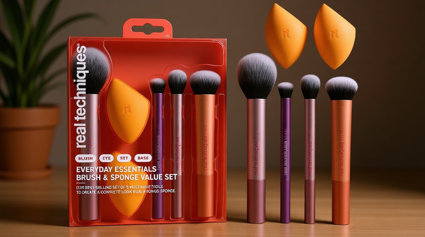Real Techniques 6 Piece Everyday Essentials Makeup Brush Set, Includes 4 Brushes & 2 Makeup Sponges, For Foundation, Blush, Bronzer, Contour, Eyeshadow, & Powder, Travel Gift Set, Cruelty-Free & Vegan
