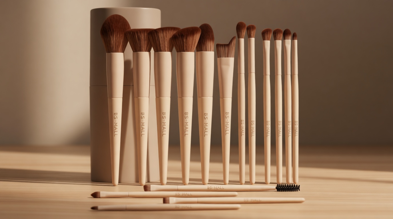BS-MALL Professional Makeup Brush Set 18 Pcs Premium Synthetic Foundation Powder Concealers Eye Shadows Blush Makeup Brushes with Travel Case (Matte white beige)
