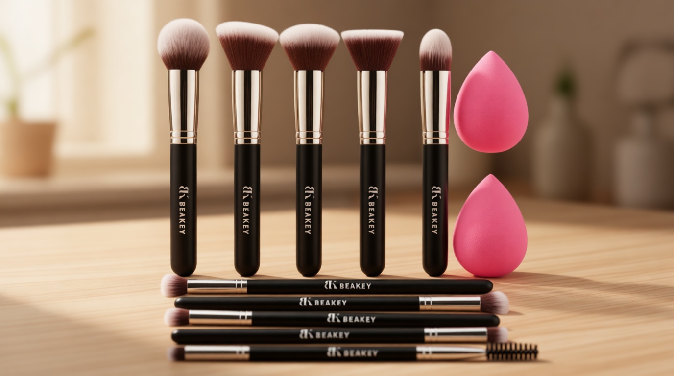 BEAKEY Makeup Brushes Set, Professional Foundation Eyeshadow Concealer Blush Powder Bronzer Applicator, 2 Blender Sponge with Beauty Paper Case