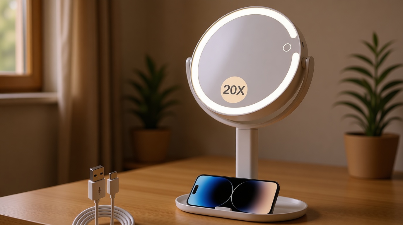 MIYADIVA Makeup Mirror with Lights,20X Magnifying Mirror with Light and Touch Switch,Vanity Mirror with 3 Color Light and 80 LEDs,2-Sided Lighted Magnified Mirror 8.8 Inches
