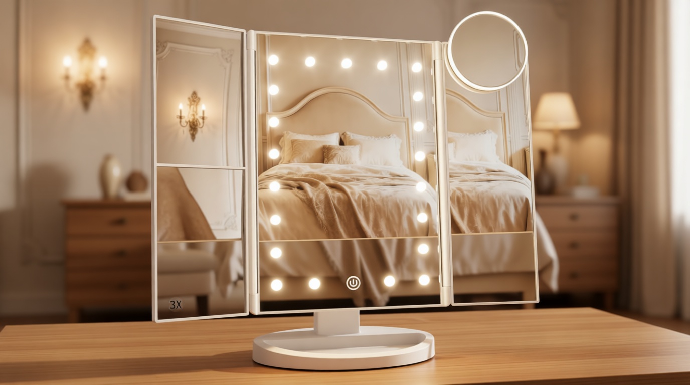 HUONUL Makeup Mirror, Gifts for Mom Mothers Day, Vanity Mirror with Lights, 2X/3X/10X Magnification, Touch Control, Trifold, Dual Power Supply, Birthday Gifts for Women, Girls, Dorm Room Essentials