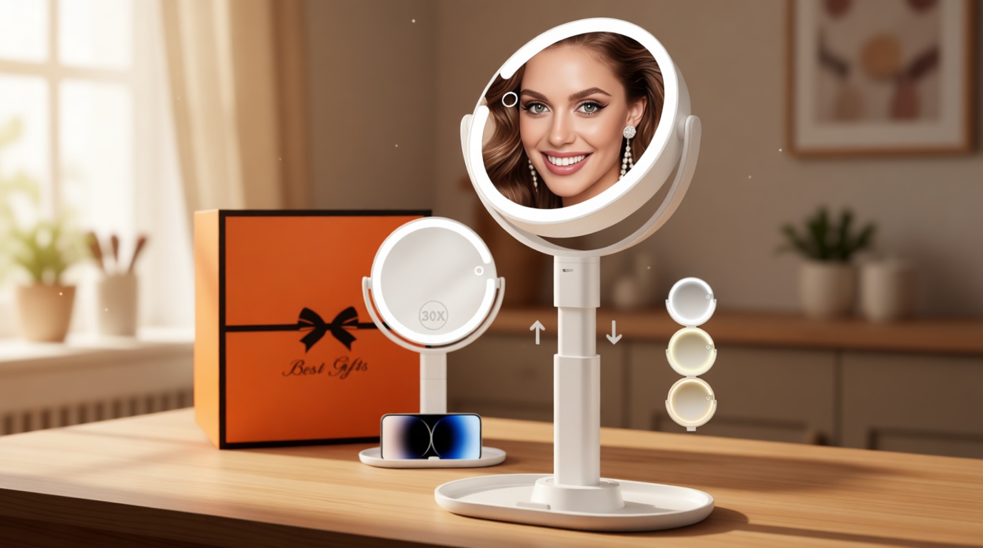 B Beauty Planet Vanity Mirror with Lights, 30X Magnifying Makeup Mirror with 3 Lighting and Adjustable Brightness, Rechargeable 2-Sided Height Adjustable Desk Mirror for Bathroom, Women Gifts for Mom Global Recycled Standard