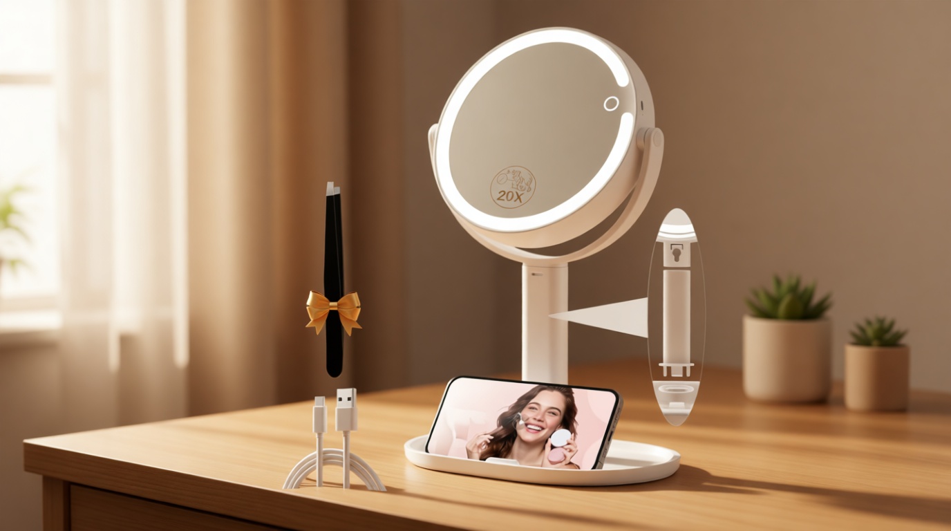 MOMOKUBA Makeup Mirror with Lights, Double Sided 1x/20x Magnifying Mirror with Light, Rechargeable 3 Color Lights and Adjustable Brightness, 360° Rotation Detachable Comes with Tweezer(White)