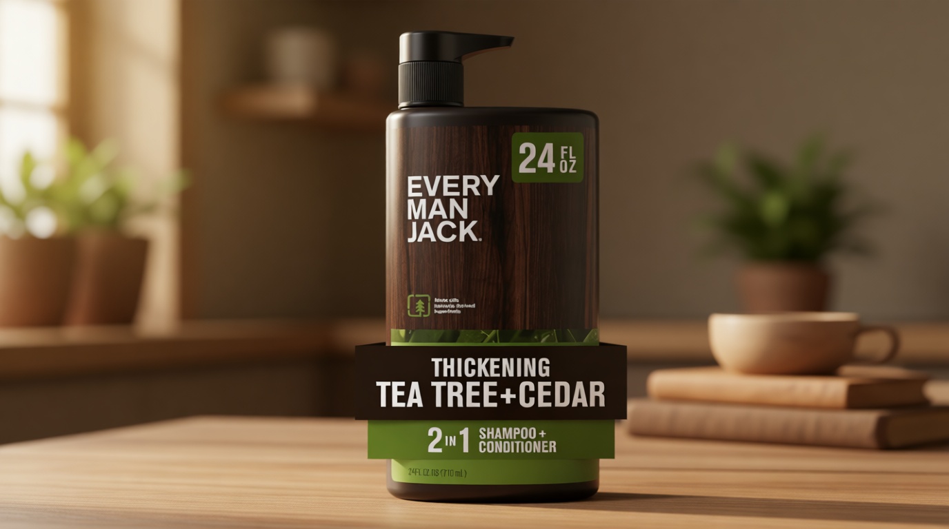 Every Man Jack 2-in-1 Men's Thickening Shampoo + Conditioner - Tea Tree + Cedar - Free of Sulfates, Parabens, Phthalates, Dyes - 24oz -1 Bottle