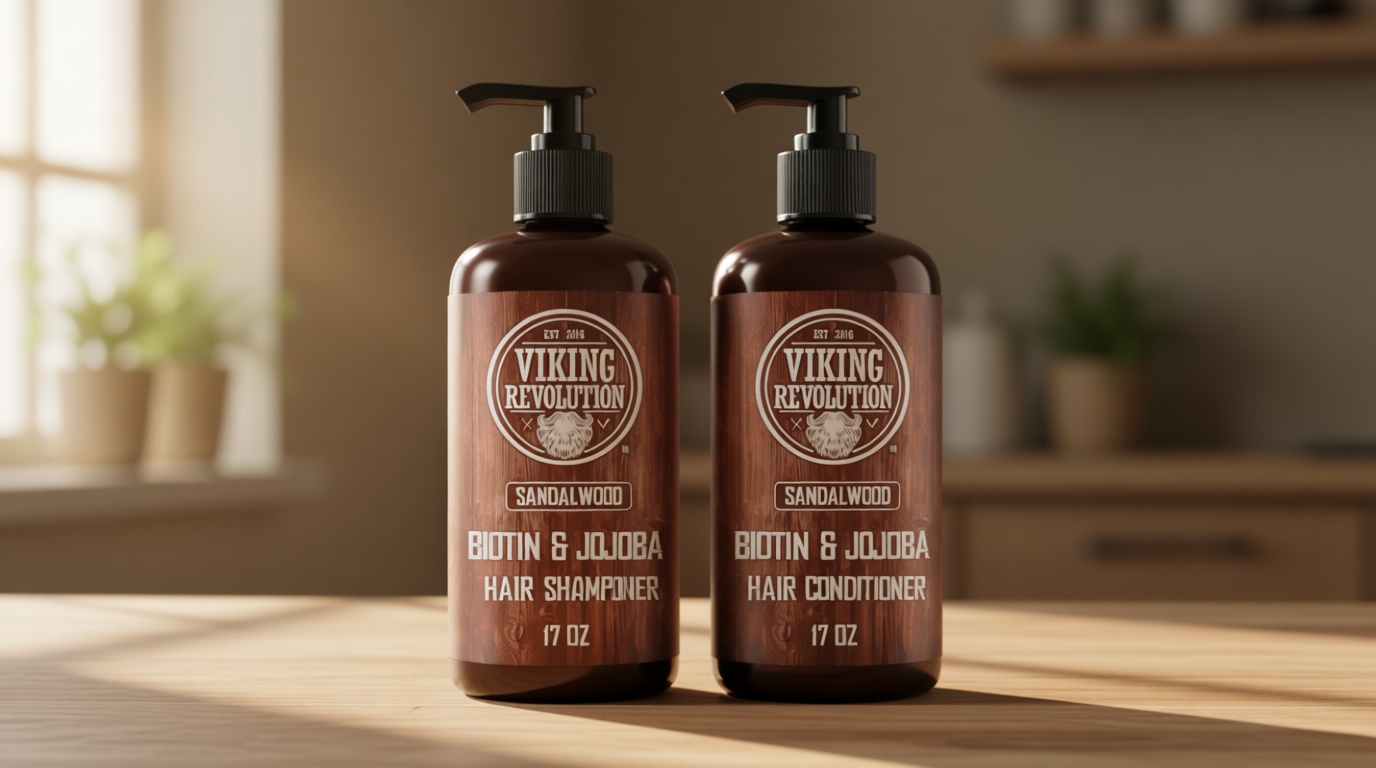 Viking Revolution Sandalwood Shampoo and Conditioner Set with Biotin and Jojoba Oil - Natural Hair Shampoo and Hair Conditioner for Men with Vitamin B5 (17 Oz)
