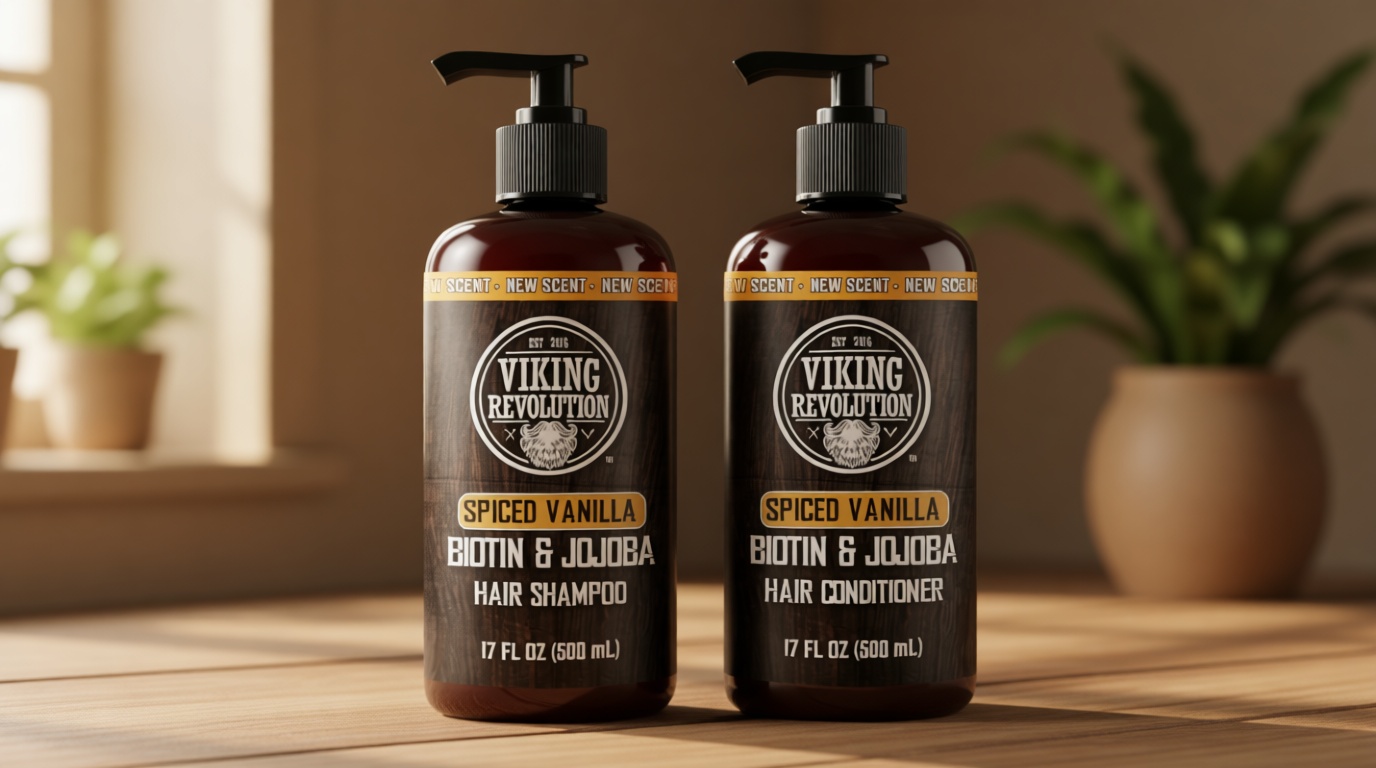 Viking Revolution Spiced Vanilla Mens Shampoo and Conditioner Set with Biotin and Jojoba Oil - Natural Hair Shampoo and Hair Conditioner for Men with Vitamin B5 - Mens Shampoo for Thinning Hair (17Oz)