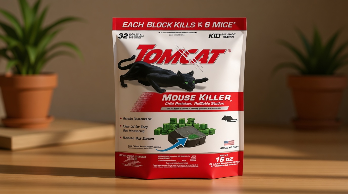 Tomcat Mouse Killer(e), Child Resistant, Refillable Station - Weather-Resistant Indoor/Outdoor Bait Station with Clear Monitoring Lid, 1 Station and 32 Bait Blocks