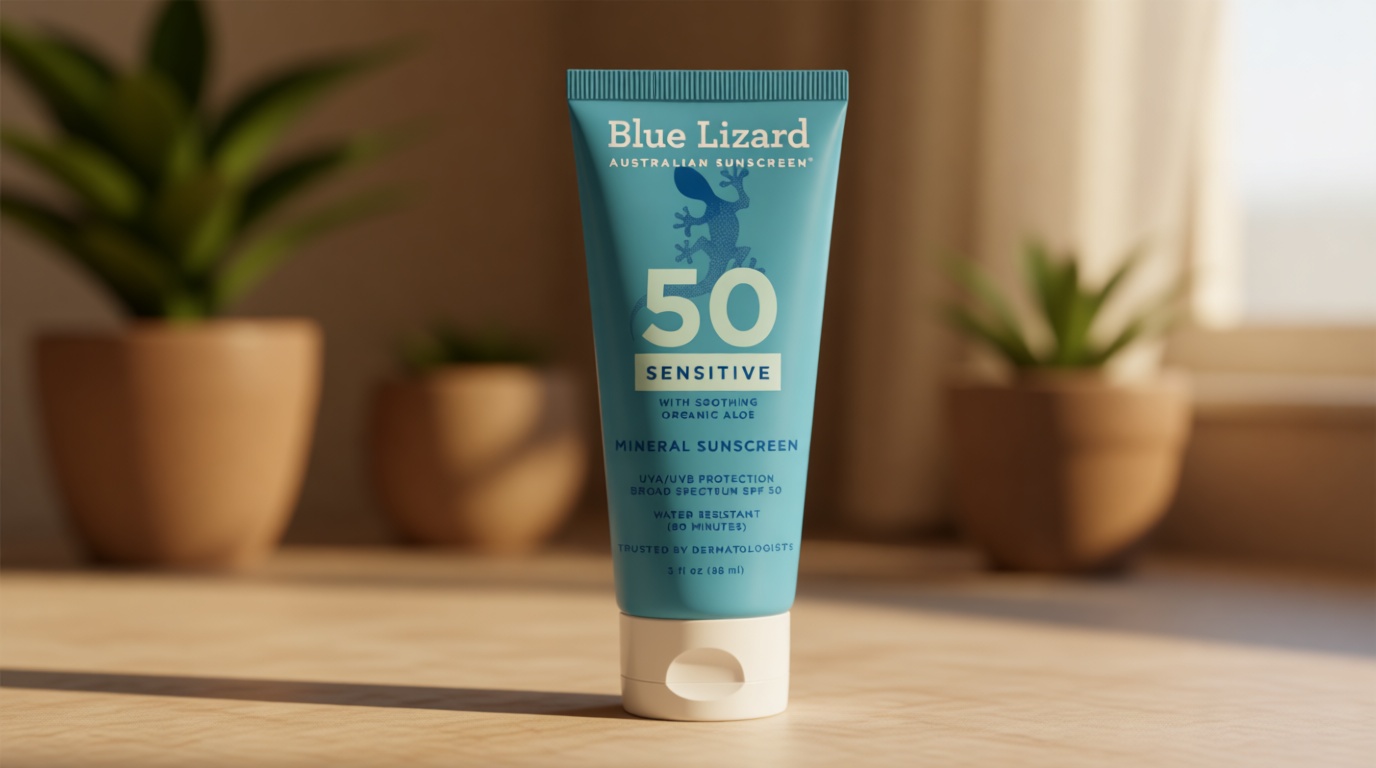 Blue Lizard SENSITIVE Mineral Sunscreen with Zinc Oxide, SPF 50+, Water Resistant, UVA/UVB Protection with Smart Cap Technology - Fragrance Free, 3 oz. Tube