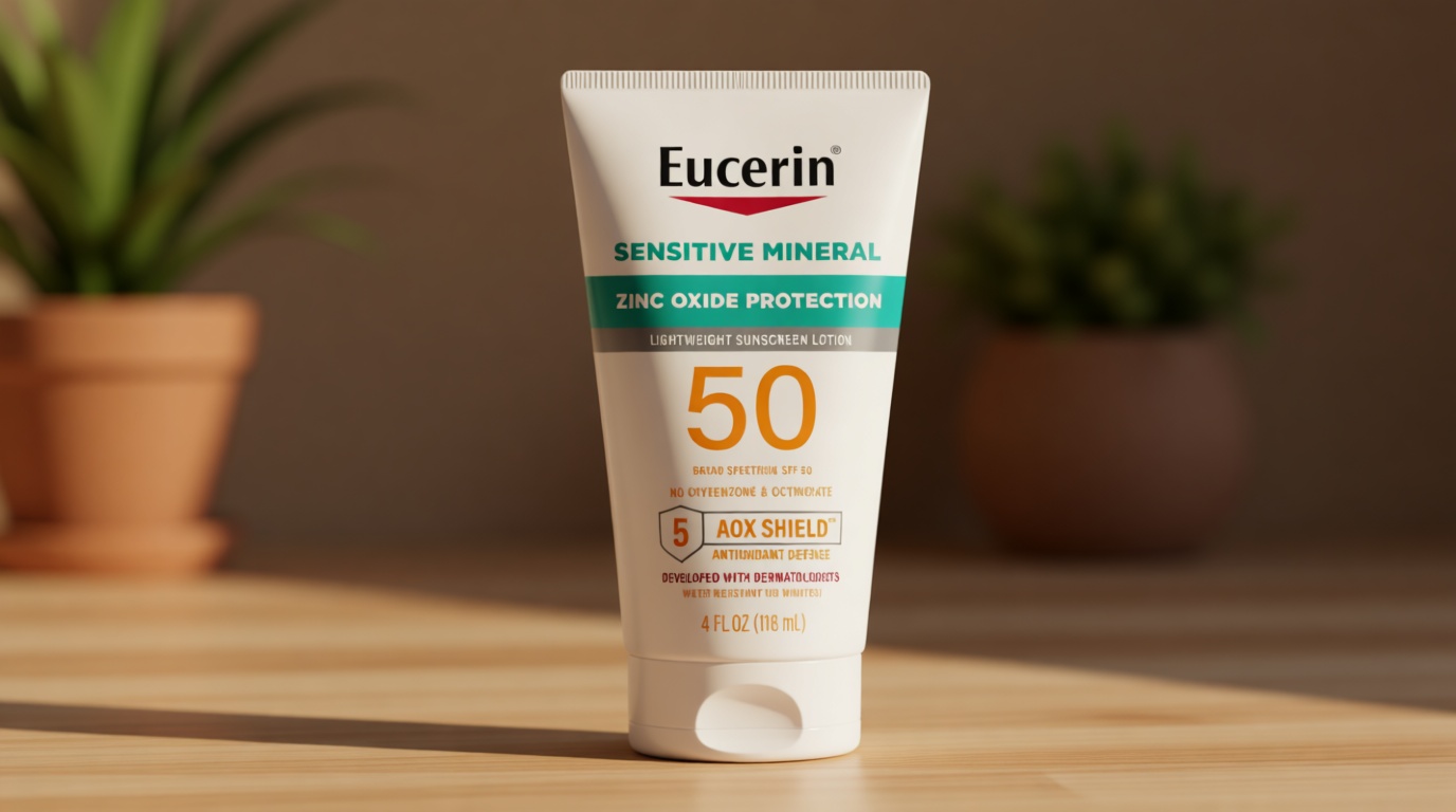 Eucerin Sun Sensitive Mineral Sunscreen Lotion SPF 50 with Zinc Oxide Protection, Hypoallergenic Sunscreen for Sensitive Skin, Oxybenzone and Octinoxate Free, 4 Fl Oz Tube