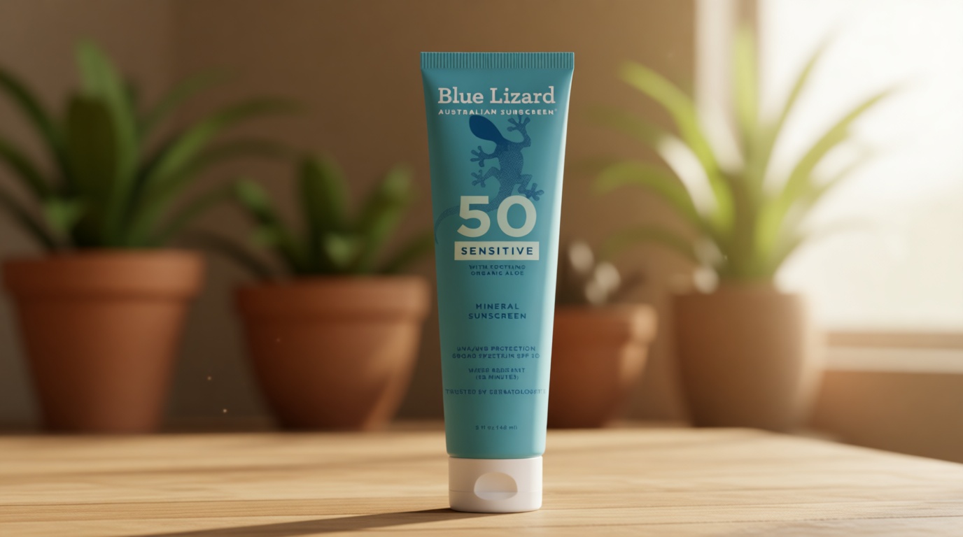 Blue Lizard Sensitive Mineral SPF 50 Sunscreen Lotion, 100% Mineral Sunscreen, UVA/UVB Protection, Infused with organic Aloe Vera, Soothes and Hydrates, 5 fl oz