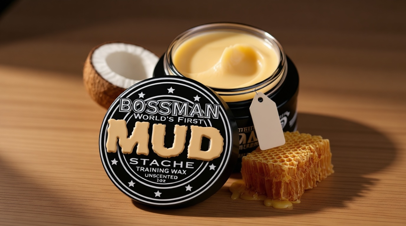 Bossman MUDstache Unscented Mustache Wax for Men (1 oz) – Strong 24-Hour Hold, Non-Tacky & Easy to Apply for Taming & Styling