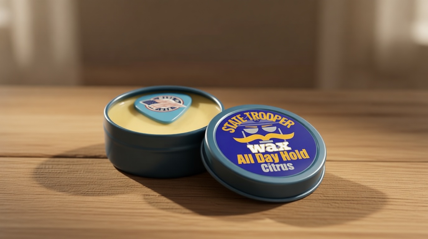 Mustache Wax for Men – All Day Hold & Control – Natural Styling Wax with Beeswax, Coconut Oil, Lanolin & Vitamin E – Fresh Citrus Scent – State Trooper [Amazon-developed Certification] Compact by Design