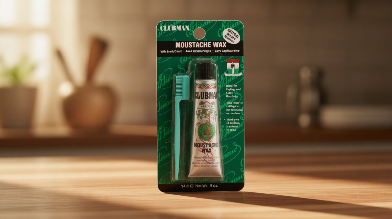 Clubman Moustache Wax – Mustache Wax for Men Strong Hold, Neutral Color, Includes Styling Brush, Hang Pack, 0.5 oz