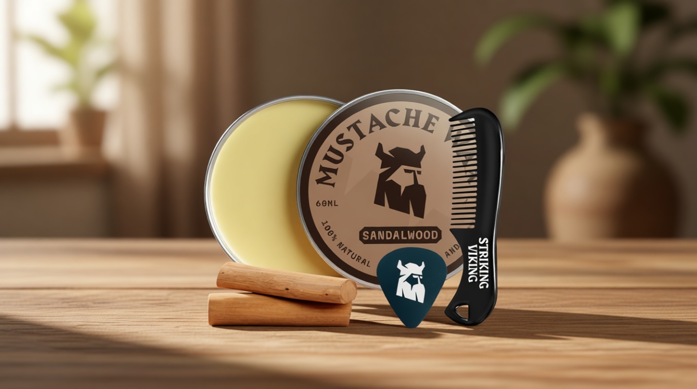 Striking Viking Mustache Wax for Men with Comb - 2 oz, Sandalwood - Strong Hold Wax with Anti-Static Mustache Comb for Precise Grooming - Non-Greasy Formula for Easy Beard Care