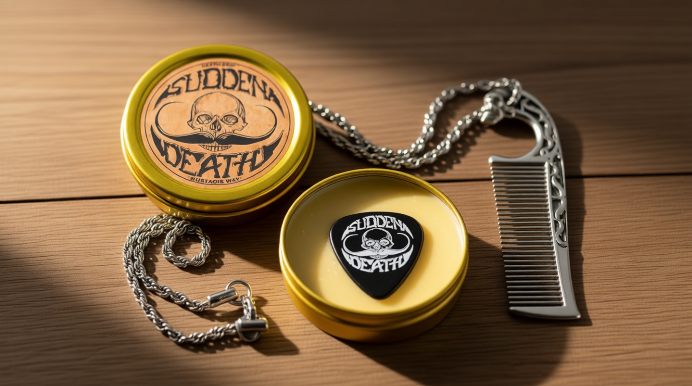 Mustache Wax Strong Hold Sudden Death 1 oz Tin & Necklace Death Grip Mustache Comb Mens Combo Kit - Grooming For Men Handlebar Moustache