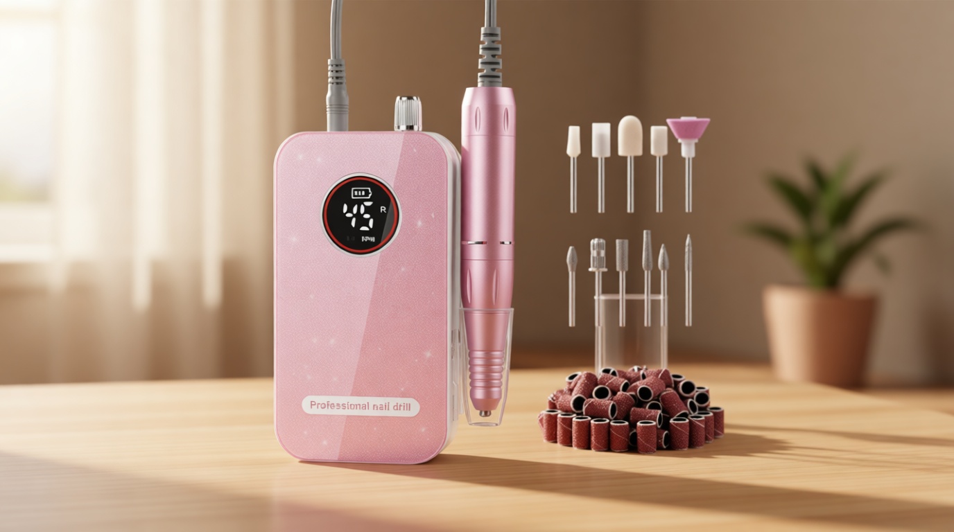 Professional Nail Drill Electric File 45000RPM, Portable Rechargeable Electric Nail File with 11 Drill Bits & 50 Sanding Bands, Low Noise Nail Drill Kit for Acrylic Gel Nails, Salon & Home Use, Pink