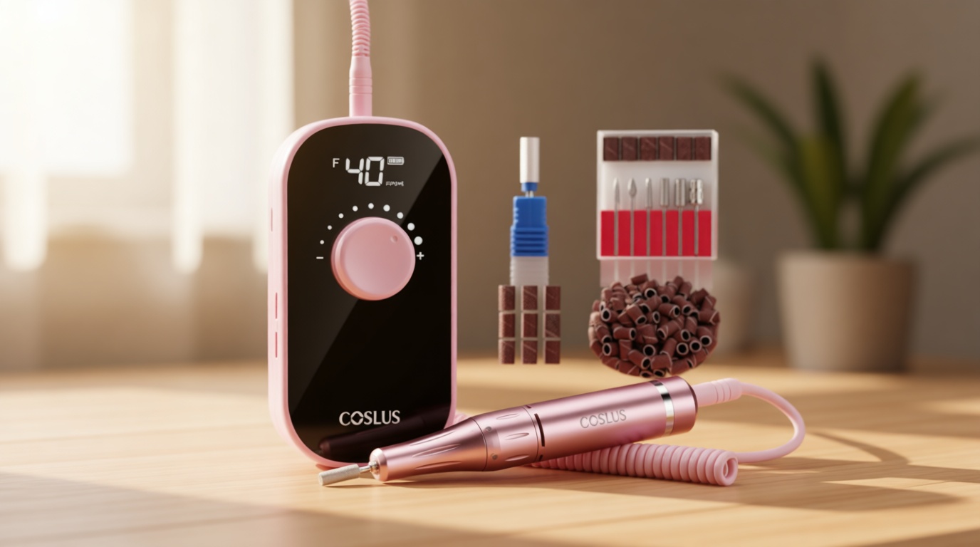 COSLUS Professional Rechargeable Electric Nail Drill 40000 RPM, Portable Nail File with Storage Stand for Acrylic Gel Polishing Removing - Easy to Use for Women, Manicure at Home DIY or Salon, Pink Global Recycled Standard