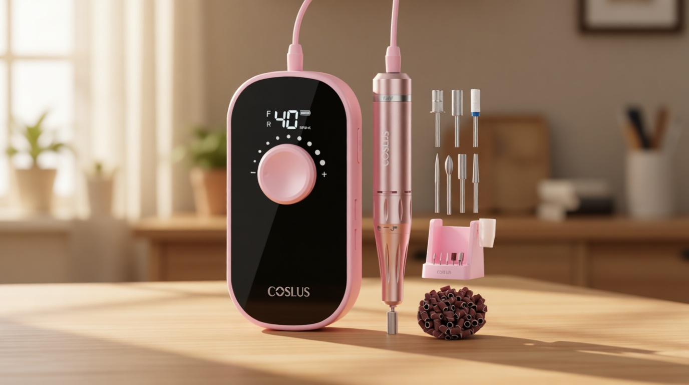 COSLUS E51 Electric Nail Drill Professional: 40000 RPM Rechargeable Nail File with Stand for Acrylic Nails, Stable & Smooth Grinding, Easy to Use, Ideal for Women Beginners, Home DIY and Salon Pink Global Recycled Standard