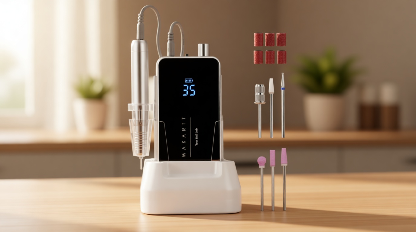 Makartt Nail Drill Professional, 35,000RPM Electric Nail File for Acrylic & Gel Removal, 60W Brushless Coreless Motor, 2-in-1 Desktop & Portable, LCD Display, Rechargeable, Quiet, F&R, Nouvella Black