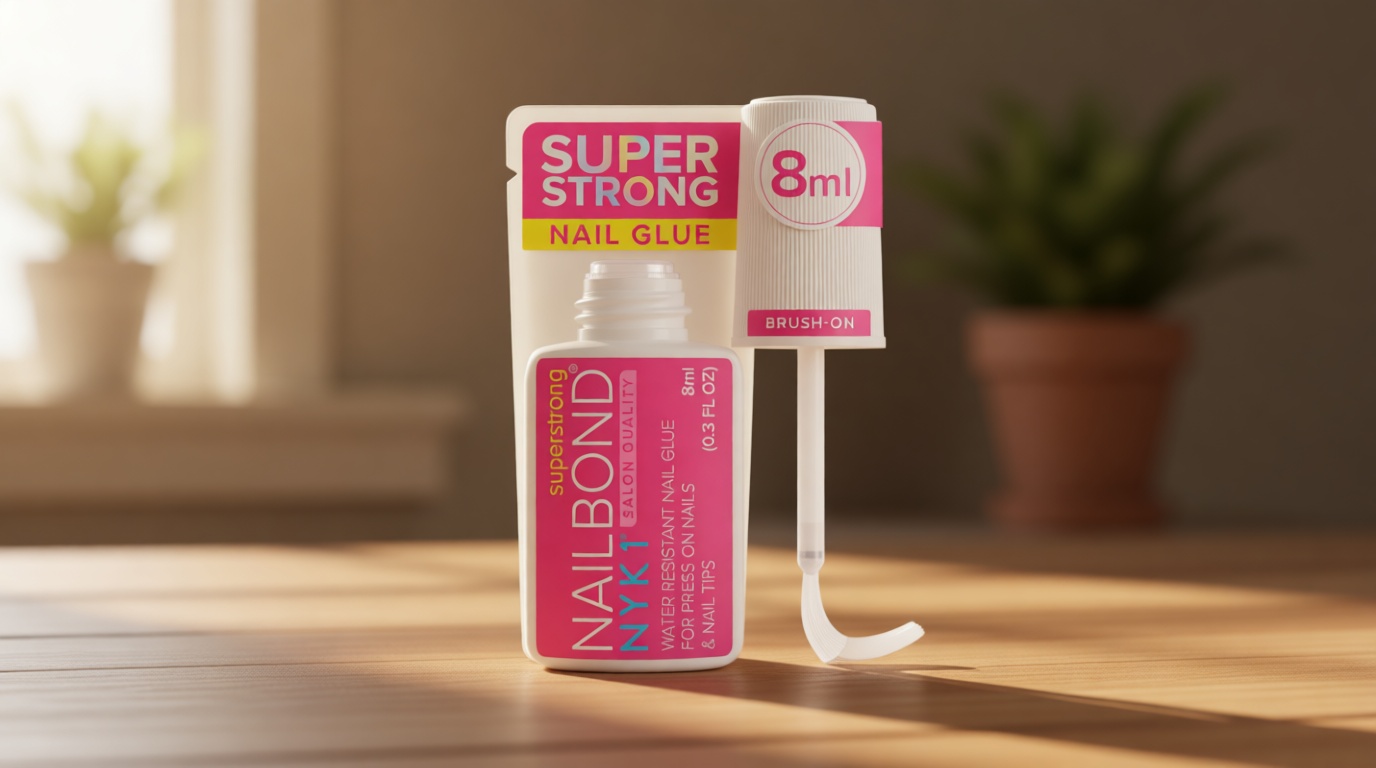 Super Strong Nail Glue for Press On Nails, Nail Tips & Acrylic Nails (8ml) NYK1 NailBond Brush On Glue for Press Ons, Tips & Acrylics - Long Lasting, Maximum Strength, Mess-Free Application