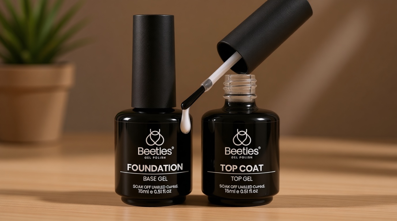 Beetles 2 Pcs 15ml No Wipe Gel Top Coat and Base Coat Set - Shine Finish and Long Lasting Soak Off LED Nail Lamp Gel Base Top Coat Finish Nail Art Design Stay Lock Shine Duo Manicure Gifts for Women