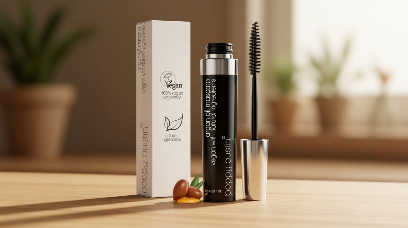 Poppy Austin Organic Mascara, Natural, Vegan, Paraben-Free, Cruelty-Free - Hypoallergenic Mascara Lengthening & Volumizing with Argan Oil - 0.31 Fl Oz (Black)