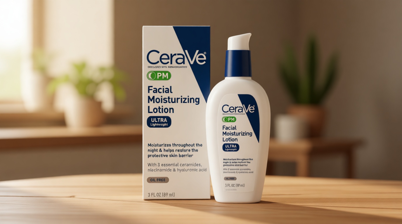 CeraVe PM Facial Moisturizing Lotion, Night Cream with Hyaluronic Acid and Niacinamide, Ultra-Lightweight, Oil-Free Moisturizer for Face, 3 Ounce