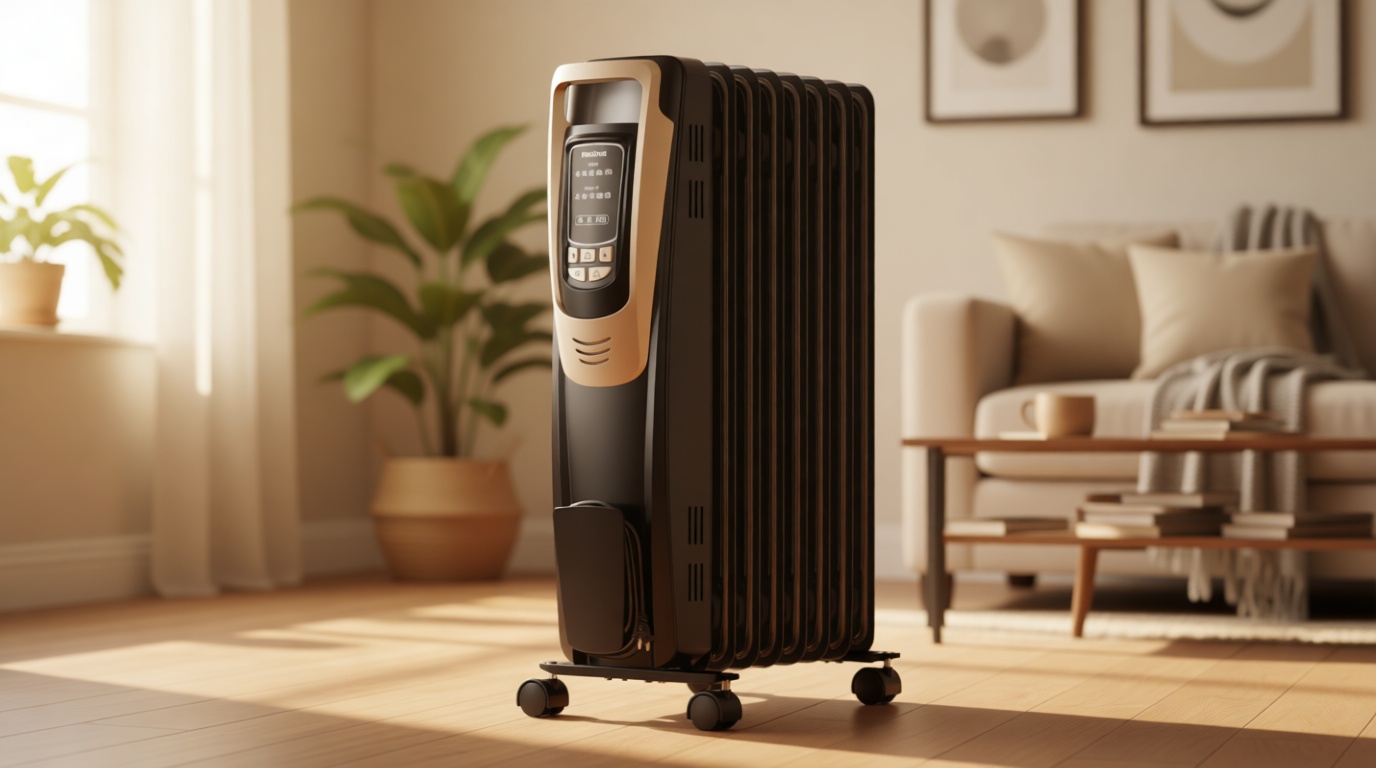 PELONIS Champagne Oil Filled Radiator Heater with Remote and Thermostat, 5 Temperature Settings for indoor use Large Room, Energy Efficient Electric Space heater with Safety Features