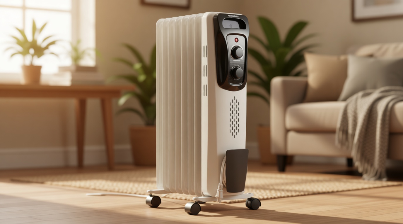 Amazon Basics Portable Oil Radiator Heater, Indoor Use, 3 Heat Settings, Over-Heat Protection, ETL-certified Safety, 7 Oil-Filled Steel Fins, 1500W, Tip-Over Protection, 11"D x 14.8"W x 25.2"H, White