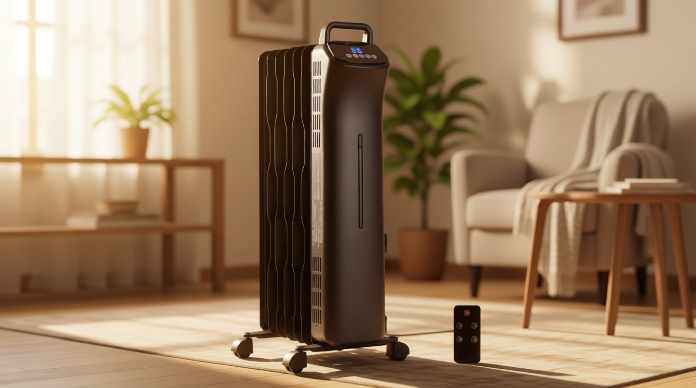 Amazon Basics Portable Oil Space Heater with Remote Control, 7 Oil-Filled Fins, Adjustable Thermostat, 3 Heat Settings, Tip-Over and Overheat Protection, ETL Safety Certificate, 1500W, Black