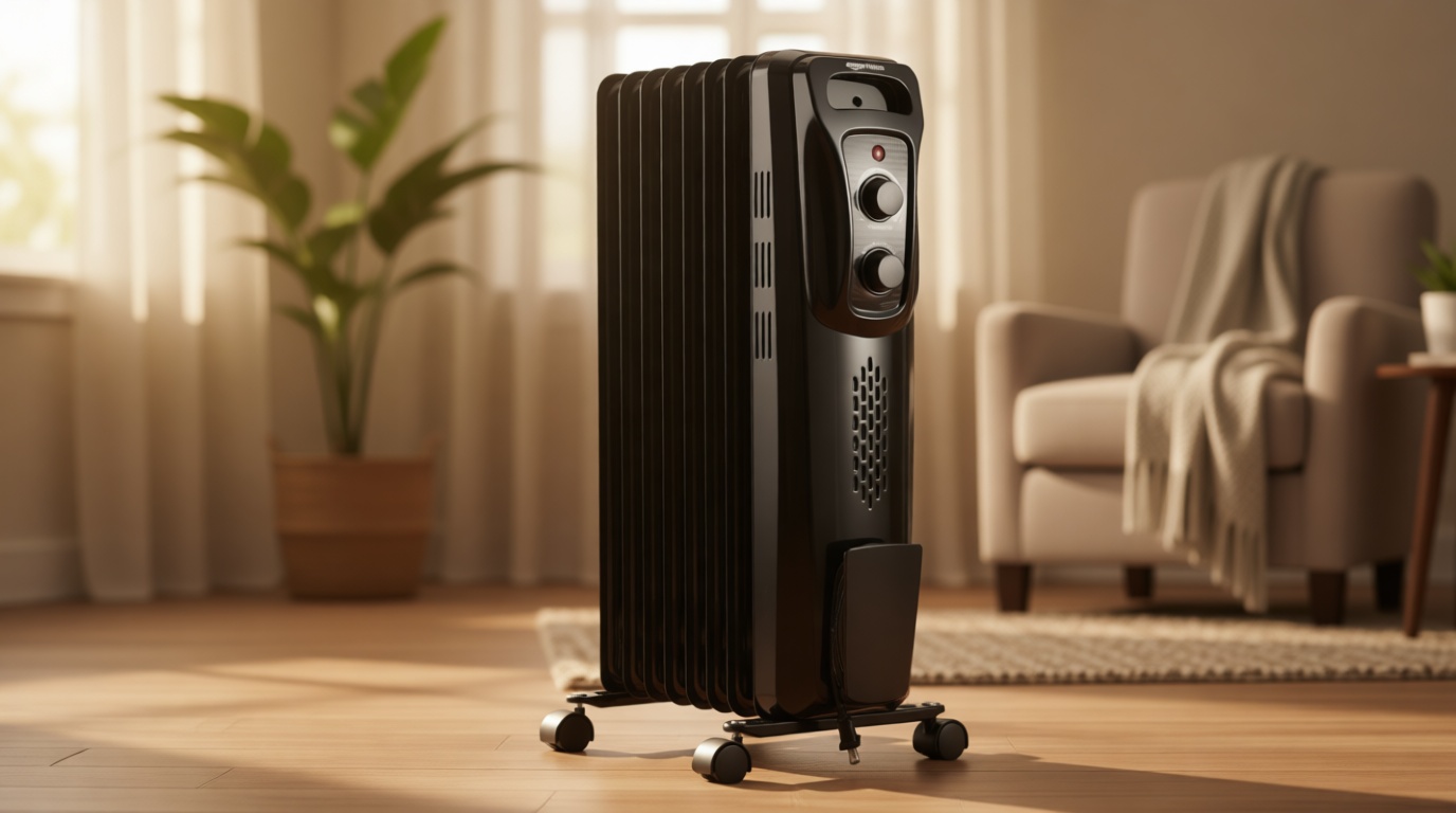 Amazon Basics Portable Oil Radiator Heater, Indoor Use, 3 Heat Settings, Over-Heat Protection, ETL-certified Safety, 7 Oil-Filled Steel Fins, 1500W, Tip-Over Protection, 11"D x 14.8"W x 25.2"H, Black