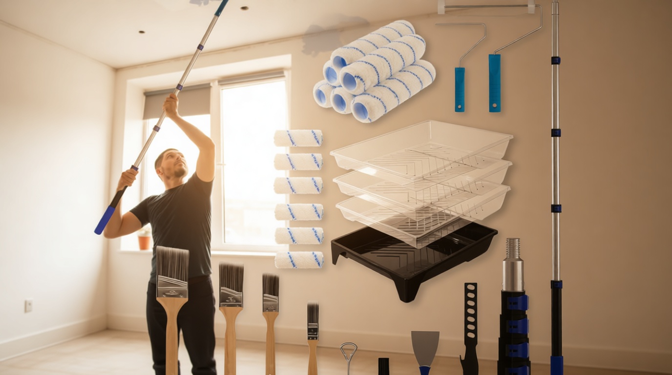 Paint Roller Kit with 4.4FT Telescoping Extension Pole, 27 PCS Paint Brushes Kit, 4" 9" Paint Roller, Paint Trays, Paint Roller Frame, Scraper for Home Interior, Painting Walls, Ceiling, House