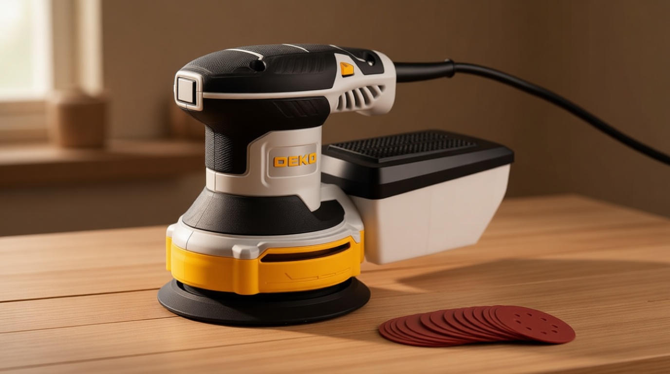 Orbital Sander Corded Hand Sander: DEKOPRO 5" Random Orbital Sander with Dust Box, 6 Various Speeds Electric Palm Sander with Dust Box, 16Pcs Sandpapers for Woodworking & Sanding-Yellow