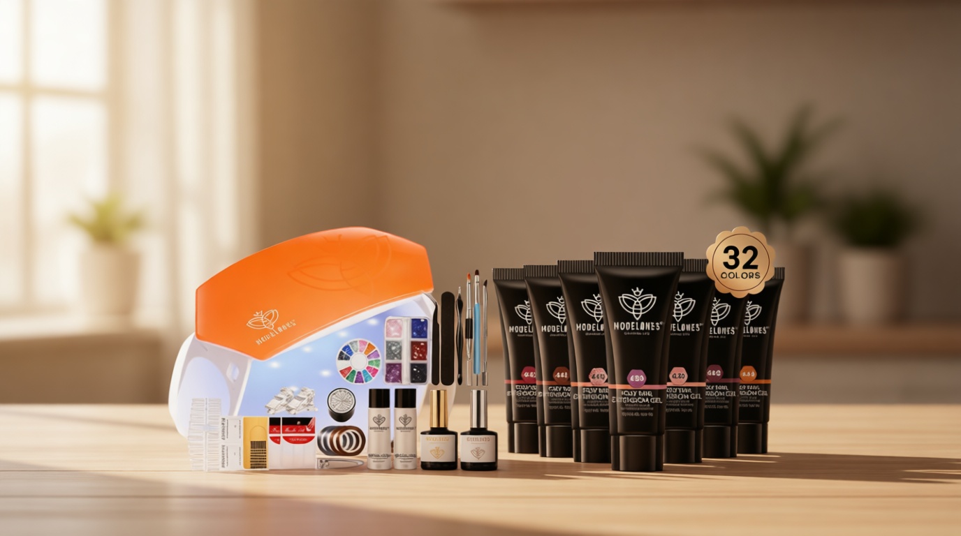 Modelones 133pcs Poly Extension Gel Nail Kit, 32 Colors All Seasons Poly Gel kit with Nail Forms Lamp Slip Solution Builder Thickening Manicure Tools for Starter Salon DIY