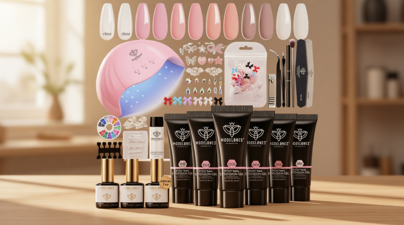 Modelones Poly Nail Gel Kit, 6 Colors Poly Extension Gel Clear Pink White with 48W U V/LED Lamp 3D Nail Charms Builder Slip Solution Complete Toe Manicure Supplies Tools for Starter