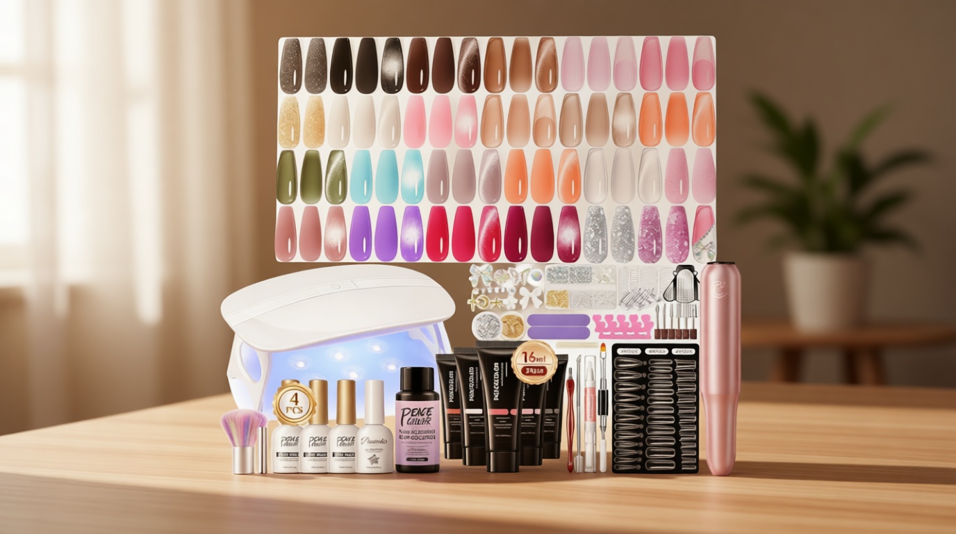 PEACECOLOR 52Pcs Poly Nail Gel Kit with Drill and U V Light 24 Colors Poly Nail Extension Gel with Cat Eye Nail Polish Glossy Matte Top Coat Nail Rhinestones Starter Kit Home Salon DIY Gifts for Women