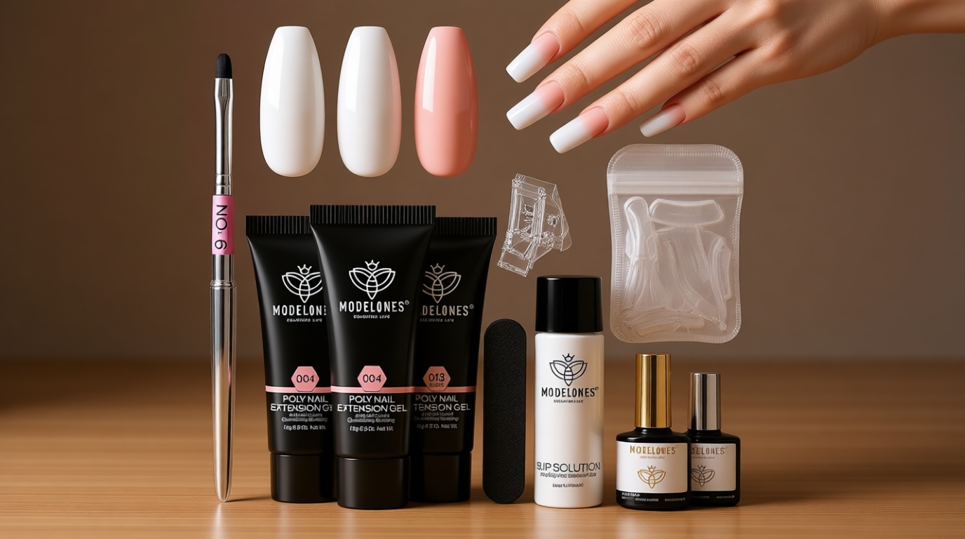 Modelones Poly Nail Gel Kit 3 Colors Clear White Apricot with Slip Solution Dual Nail Forms Top Base Coat Extension Builder Gel Enhancement Professional Starter Kit DIY Nail Art Salon Use