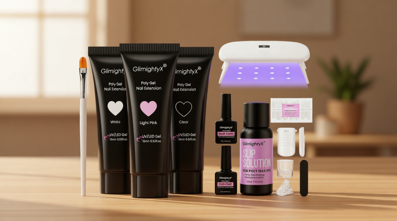 Poly Gel Nail Kit for Toes with UV Light,GlimightyX Polygel Toenail Starter Kit with Everything ,3 Color Clear White Pink Poly Gel 40ml Slip Solution,Toenail Dual Forms Extension DIY Salon Home