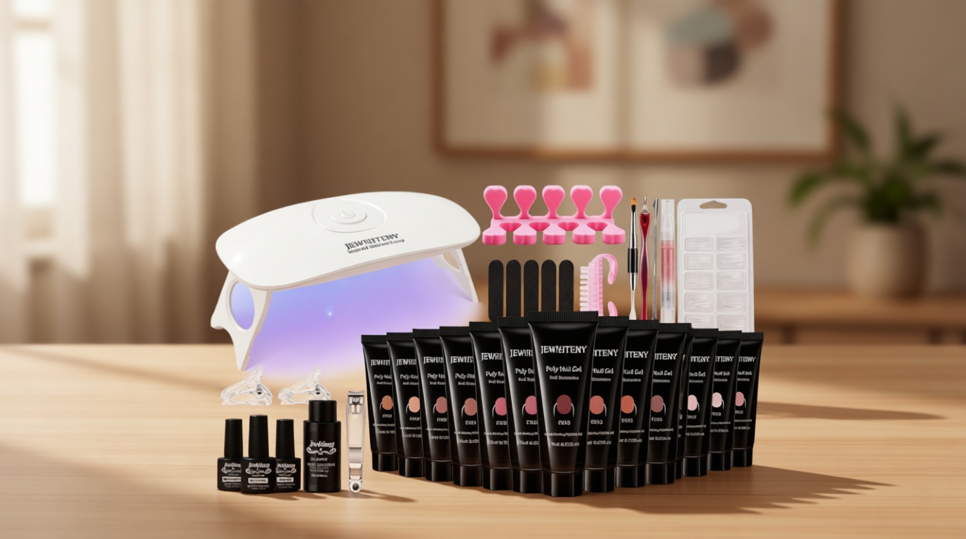 JEWHITENY Poly Extension Gel Nail Kit 14 PCS Poly Gel Kit with Slip Solution and Mini Lamp Nail Art Design Beginner
