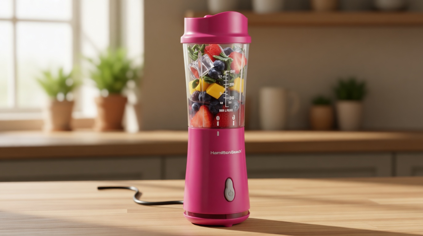 Hamilton Beach Portable Blender for Shakes and Smoothies, 14 Oz BPA Free Travel Cup & Lid, Durable Stainless Steel Blades, Personal Smoothie Blender, Raspberry, 51131G