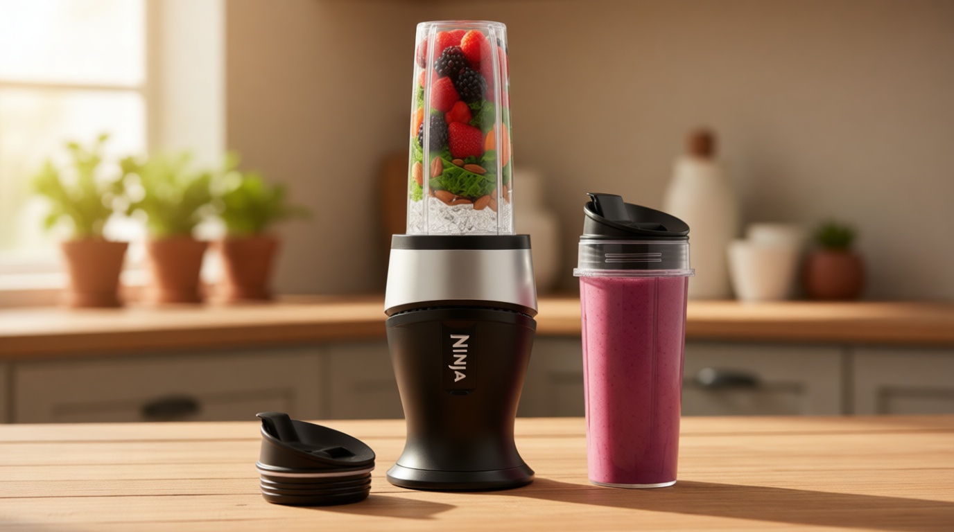 Ninja Fit Compact Personal Blender, Portable Blender for-Smoothies, Shakes, Food Prep, and Frozen Blending, 700-Watt Base, (2) 16-oz. Cups and Spout Lids, Black QB3001SS
