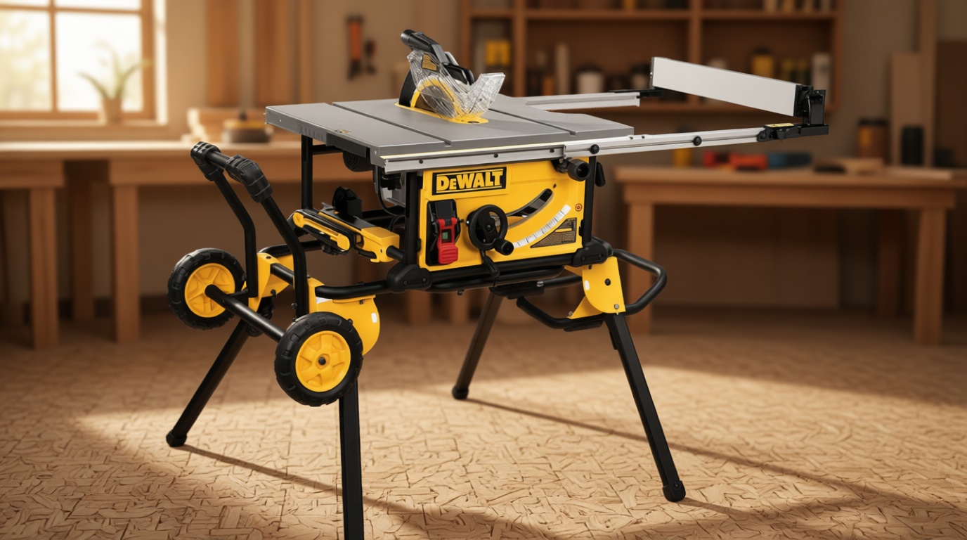 DEWALT Table Saw 10 Inch with Foldable Rolling Table Saw Stand, 15 Amp, 4800 RPM, 32-1/2-Inch Rip Capacity (DWE7491RS)
