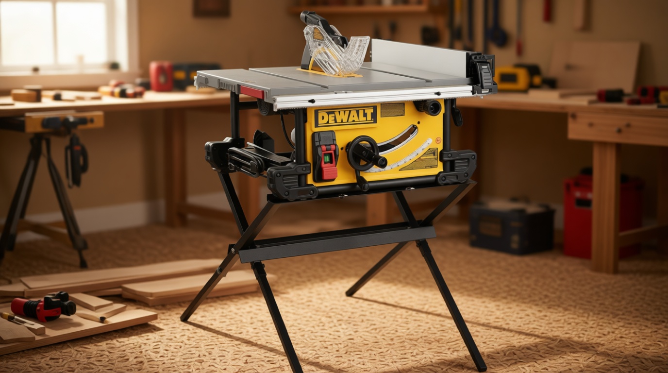DEWALT Table Saw, 10 Inch, 15 Amp, 32 ½-Inch Rip Capacity, Dust Collector, Scissor Stand (DWE7491X)