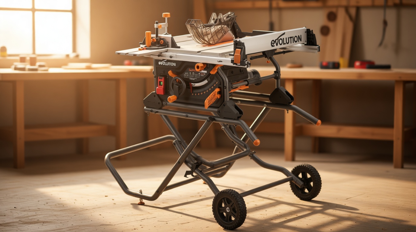 Evolution R10TBLX 10" Jobsite Table Saw with Wheeled Scissor Stand