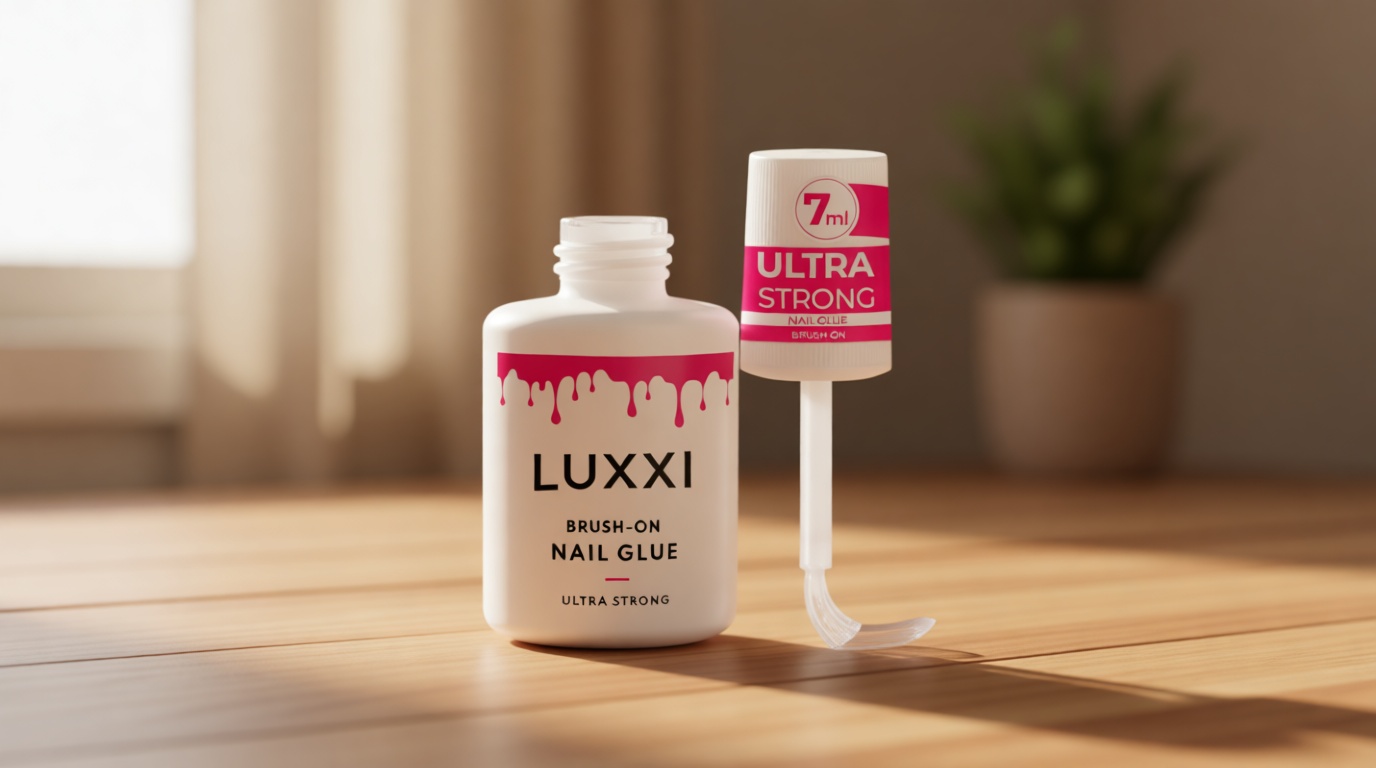 LUXXI Brush On Nail Glue for Press On Nails - Precision Applicator, Quick Air Dry Adhesive for Nail Tips, Artificial & Acrylic, Long Wear Hold, No Uv Lamp Needed | Pink Gel - 0.24oz