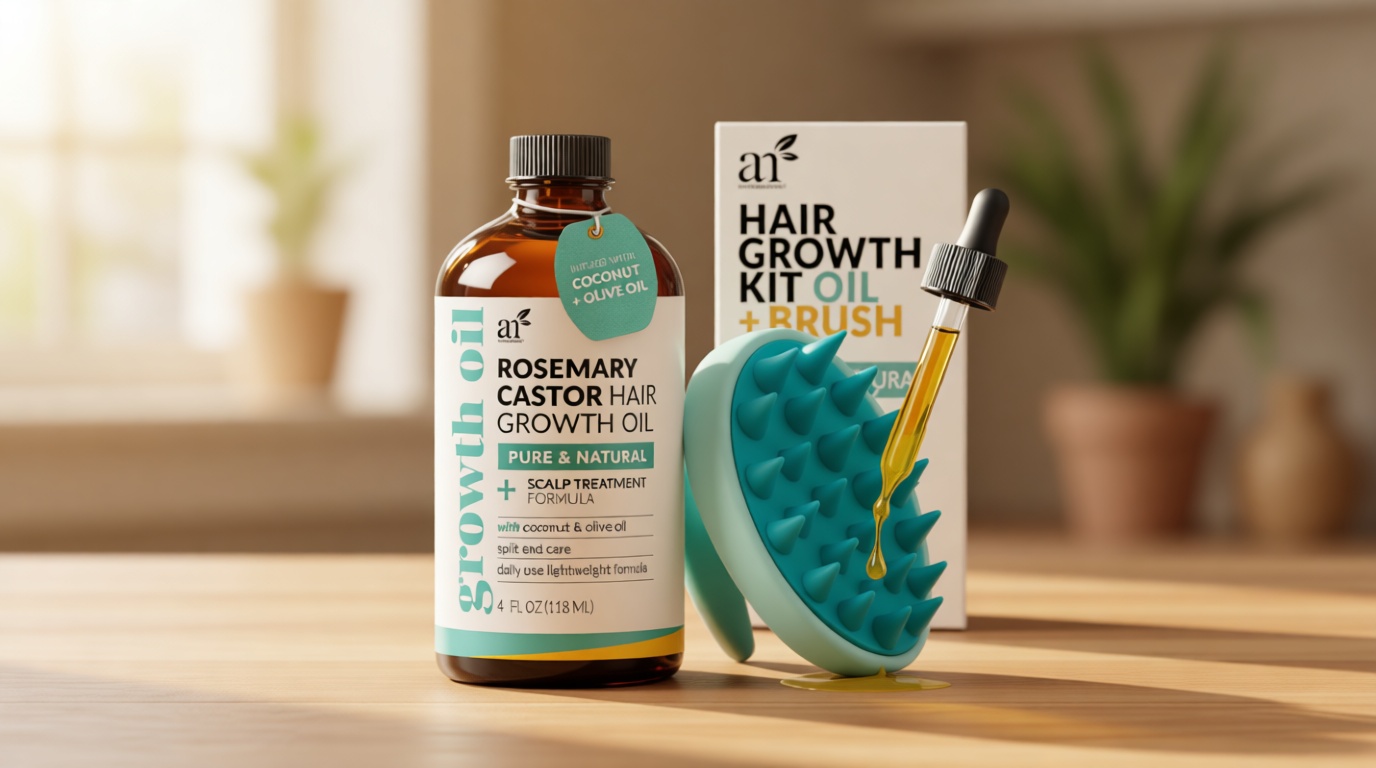 Artnaturals Organic Rosemary Castor Hair Oil + Massager Hair Growth Set Hair Growth Oil 4 ounces with Coconut & Olive Oil for Dry, Damaged & Split End
