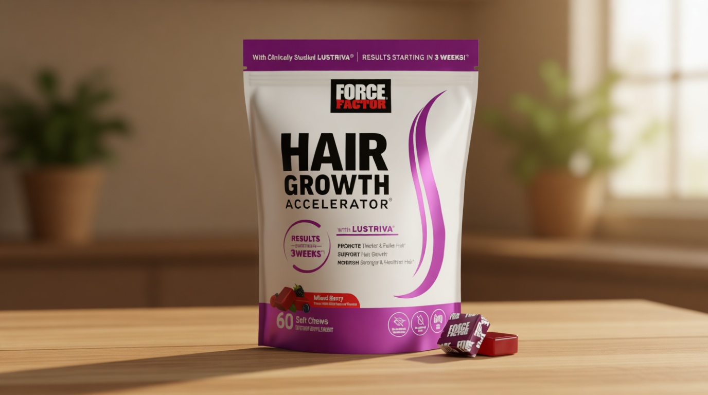 Force Factor Hair Growth Accelerator Soft Chews, Hair Growth Vitamins for Women and Men with Clinically Studied Lustriva and Biotin, Promotes Thicker, Fuller, Stronger Hair, Mixed Berry, 60 Soft Chews
